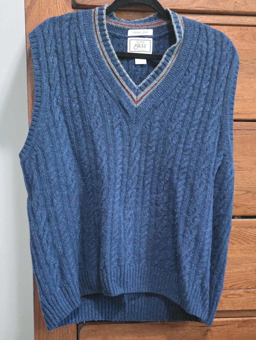 Jos. A. Bank Blue Cable-Knit V-Neck Sweater Vest with Striped Trim